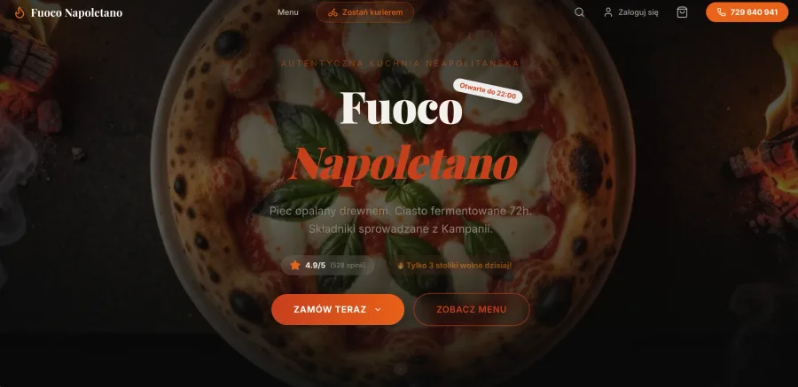 Strona pizzerii Fuoco z systemem zamówień — realizacja WebowyMati